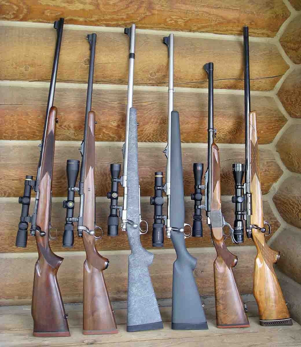 Popular .375 hunting rifles (left to right): Winchester pre-64 Model 70 .375 H&H Magnum, Ruger Hawkeye .375 Ruger, custom Winchester Model 70 Classic .375 H&H, Kimber Model 8400 Talkeetna .375 H&H, Ruger No. 1 .375 H&H and Weatherby Mark V .378 Weatherby Magnum.